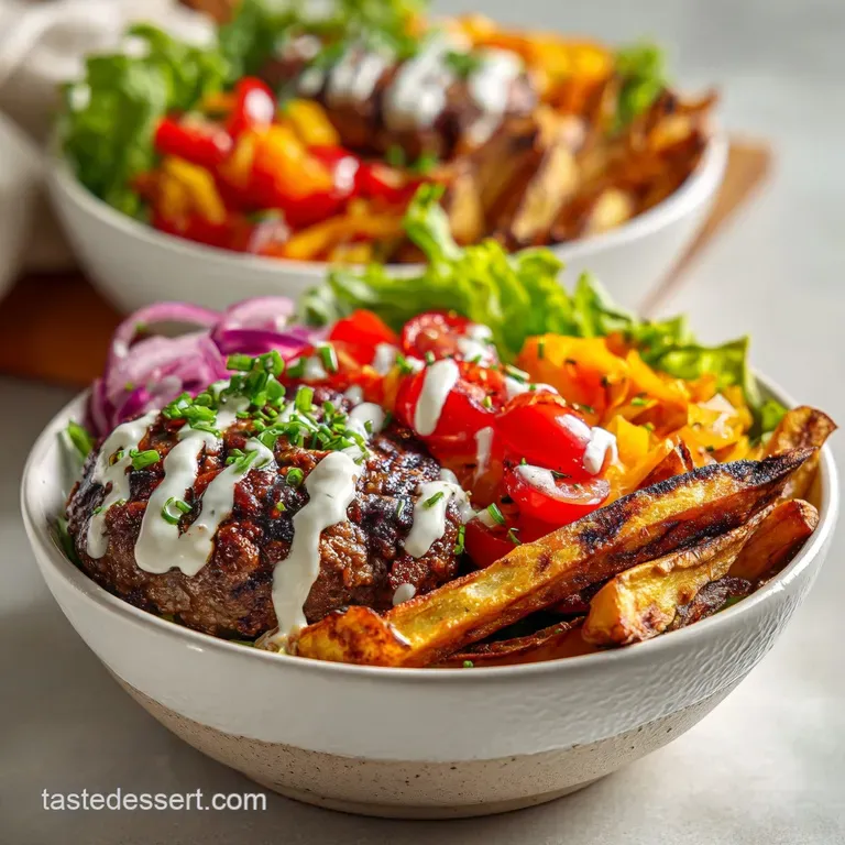Artfully plated paleo burger bowl. Crispy, golden-brown sweet potato fries beside a perfectly cooked burger, garnished wit...