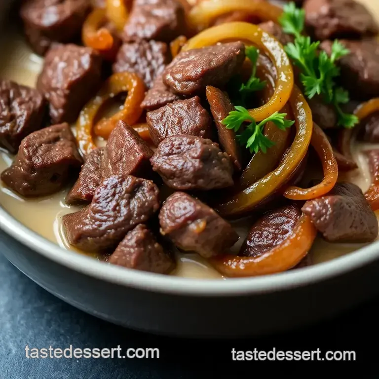 Pan-Fried Beef Liver with Caramelized Onions and Crispy Bacon presentation
