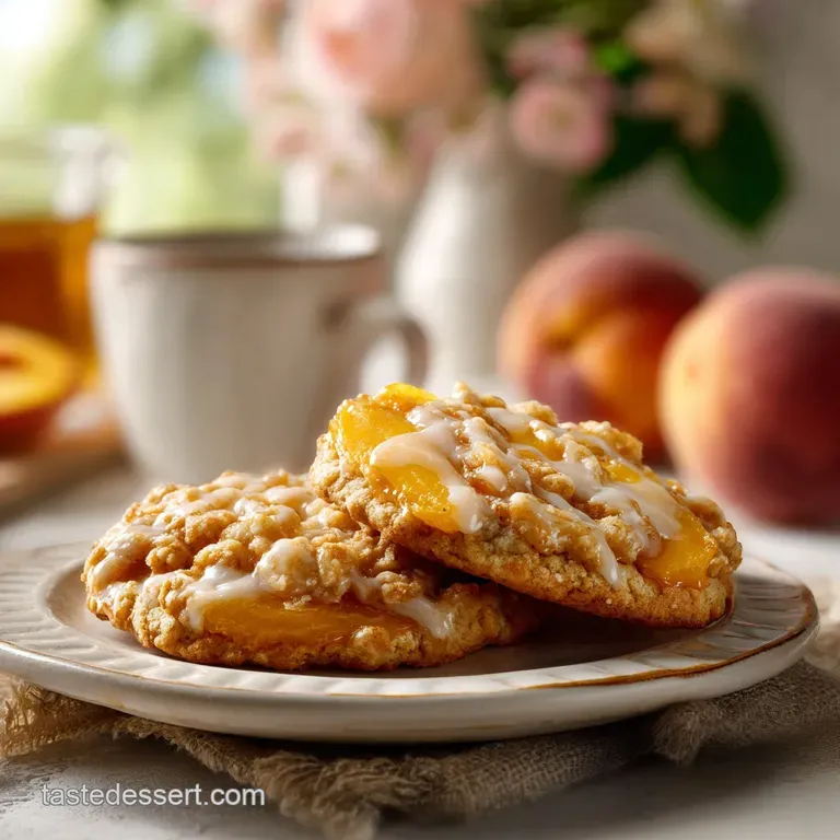 Single peach cobbler cookie with a soft center and caramelized edges on a white plate, scattered crumbs and powdered sugar.
