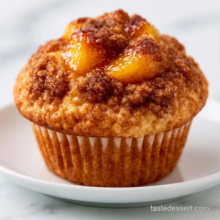 Two golden-brown muffins on a rustic wooden board next to a small bowl of whipped cream and sliced fresh peaches.