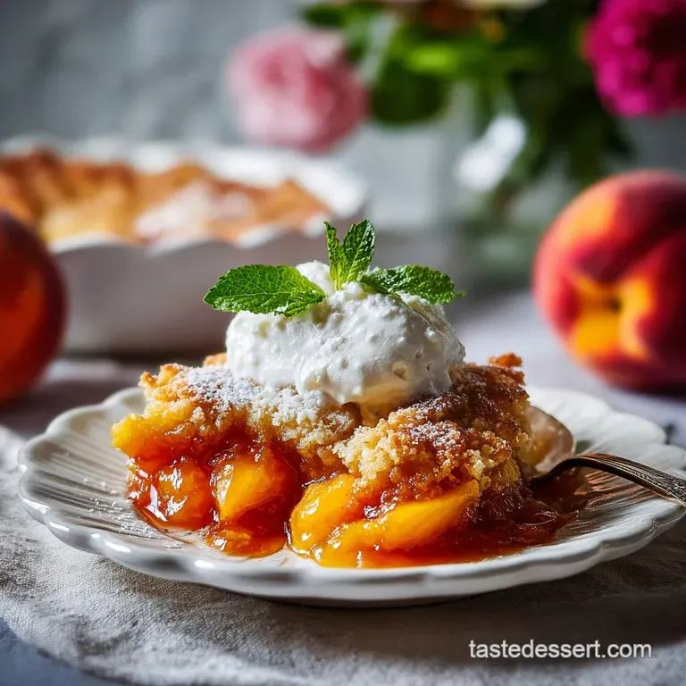 Warm peach cobbler served in a white bowl, topped with a scoop of melting vanilla ice cream, hint of cinnamon dust.