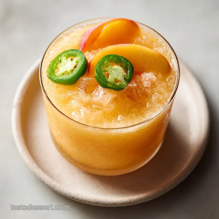 Frosty orange cocktails in elegant glassware on a rustic wooden table, garnished with peach and lime slices.
