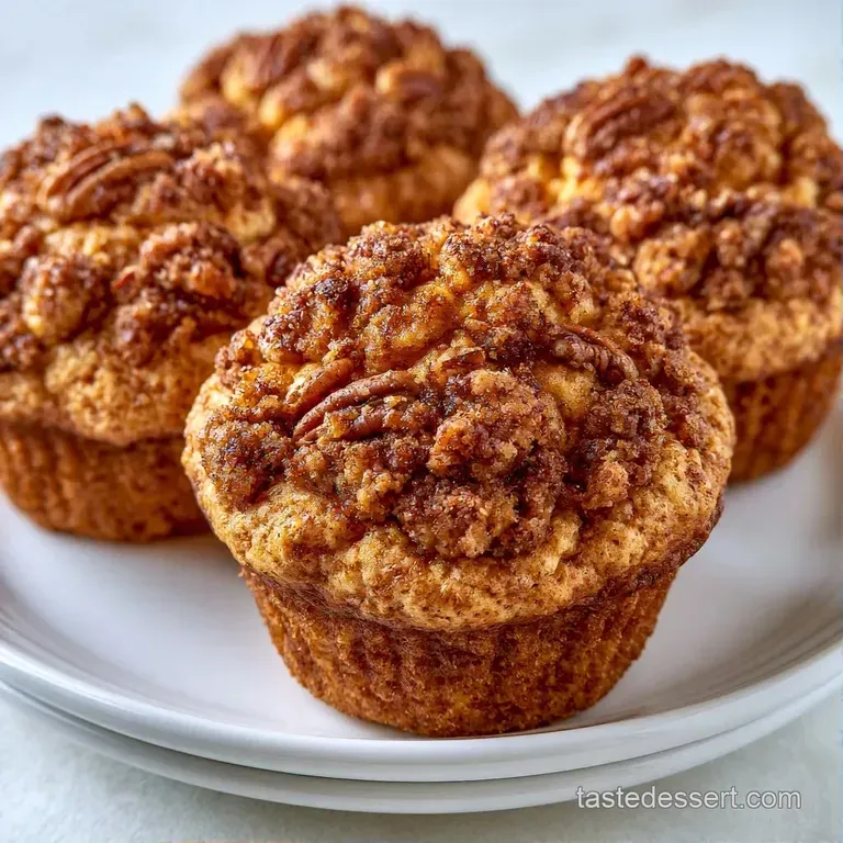 Moist, golden-brown muffins stacked on a white ceramic plate beside a linen napkin and steaming coffee.