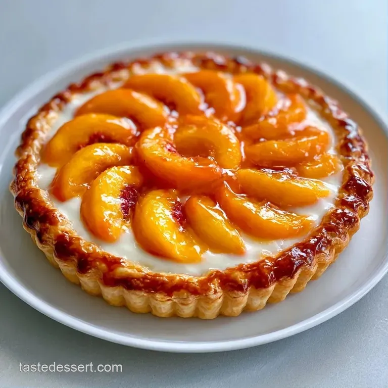 Slices of golden flaky pastry topped with glazed peaches and creamy cheese on a white plate with a fresh mint sprig.