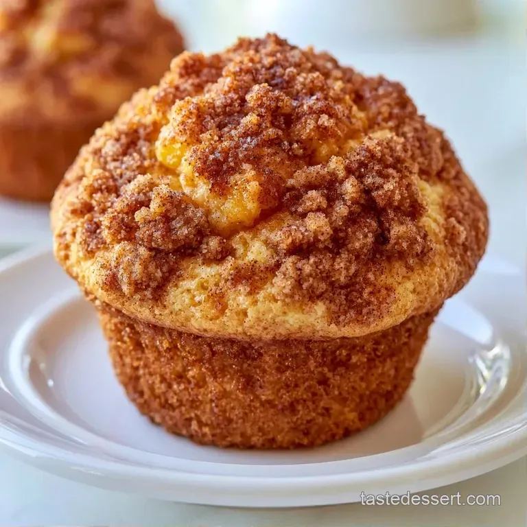 A platter of warm muffins with sugary crumble, served on a white ceramic plate beside fresh sliced peaches.
