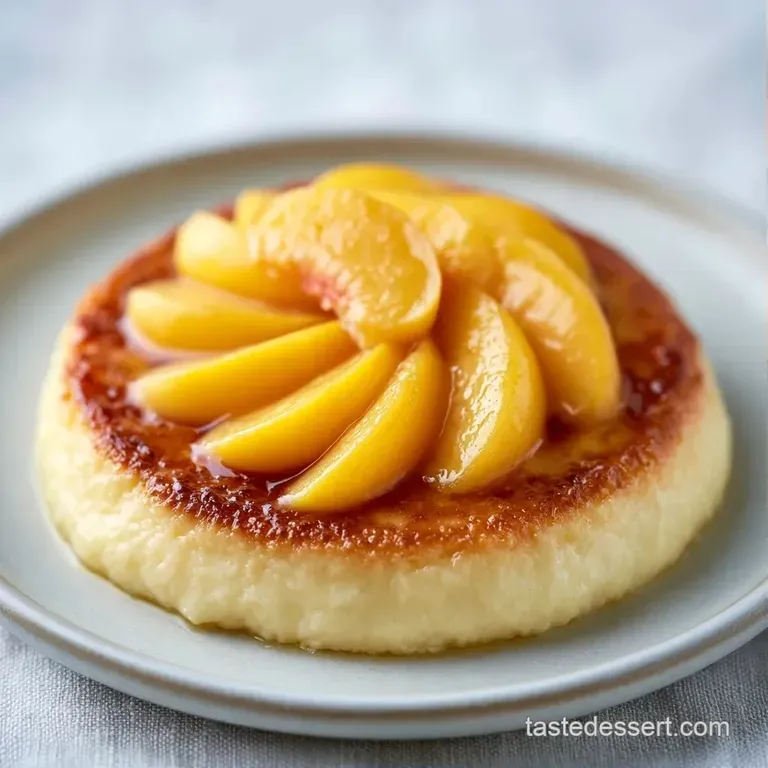 Eight elegant glass coupes filled with smooth cream custard, topped with glazed peaches and tiny mint leaves.
