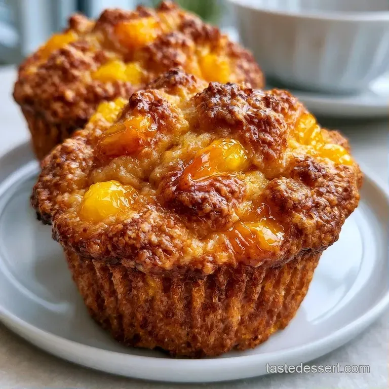 Golden-brown baked treats stacked on a white platter, accented by fresh peach slices and a sprig of mint.