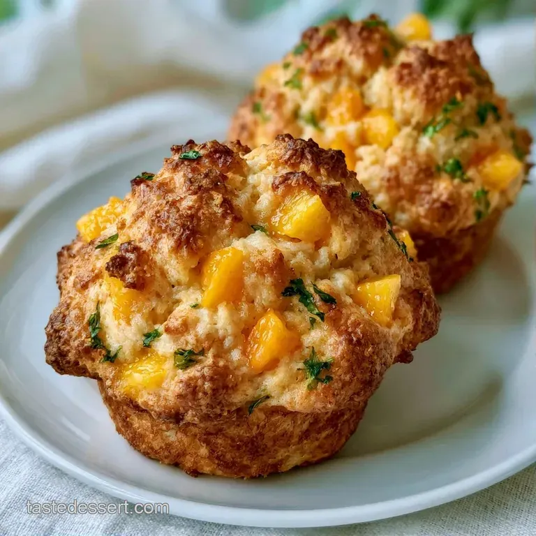 A stack of moist yellow muffins on a white ceramic plate, drizzled with a silky white glaze and fresh peach slices.