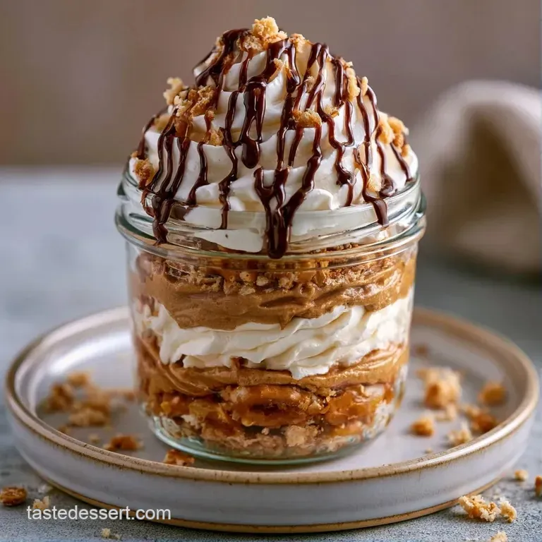 Small glass jars filled with alternating swirls of nutty tan cream and dark chocolate on a clean white marble surface.