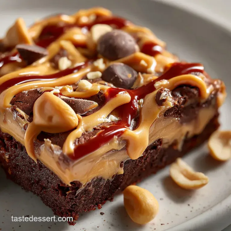 Slice of rich brownie pizza on a plate, peanut butter cups, chocolate drizzle. Decadent dessert, sweet indulgence.
