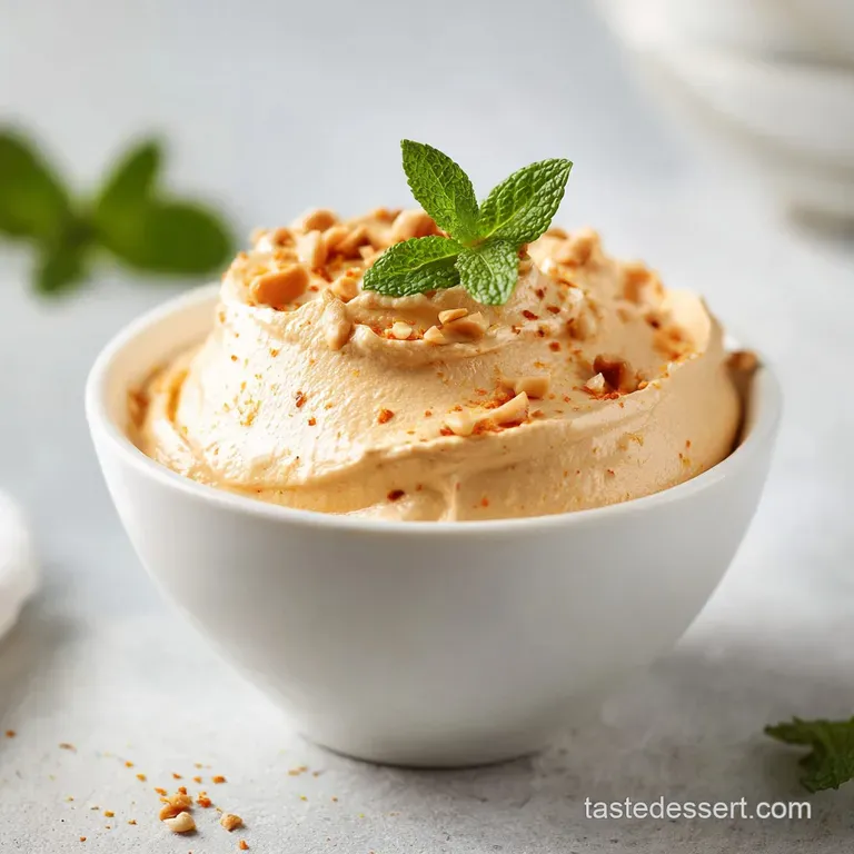 An elegantly presented scoop of pale tan mousse on a white dessert plate, dusted with cocoa powder and a single raspberry.