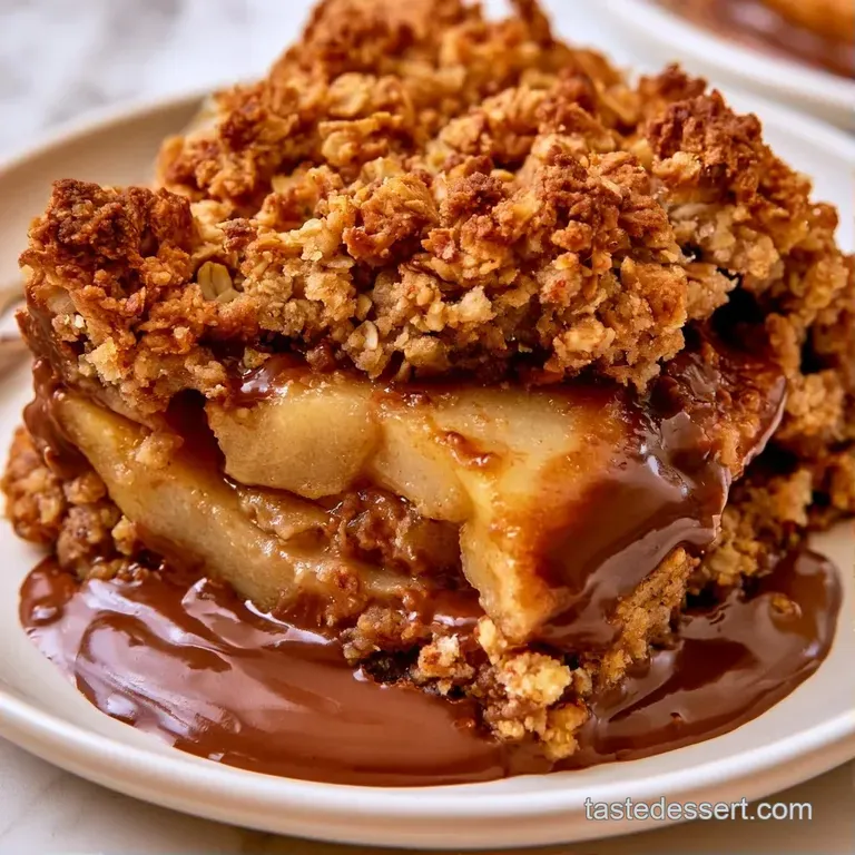 Elegant slice of golden oat crumble and soft pears served on a ceramic plate with a dollop of whipped cream.