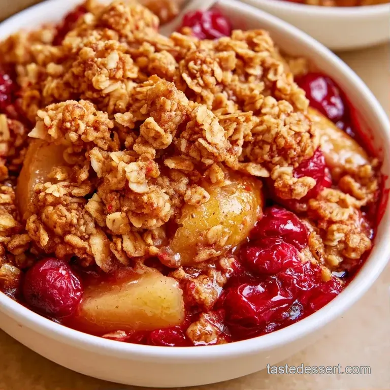 A scoop of melting vanilla ice cream atop a warm fruit crumble, served in a white ceramic bowl with a mint leaf.
