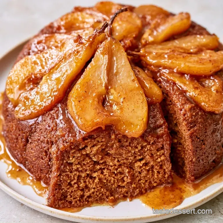 Spiced brown cake slice topped with a glistening pear half and a dollop of cream on a clean white porcelain plate.