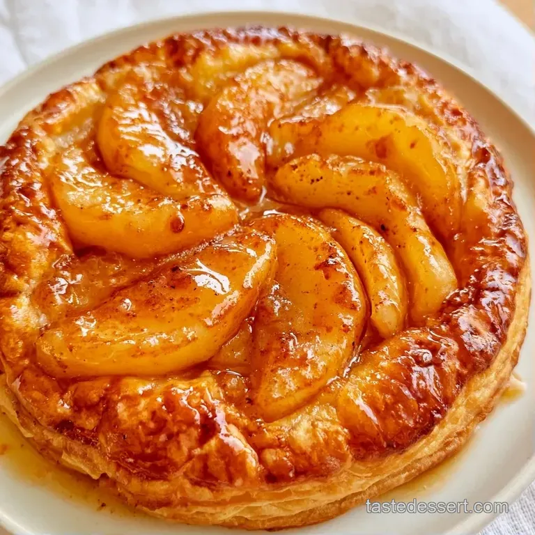 Sliced buttery fruit tart on a white plate, paired with a dollop of whipped cream and a fresh mint leaf garnish.