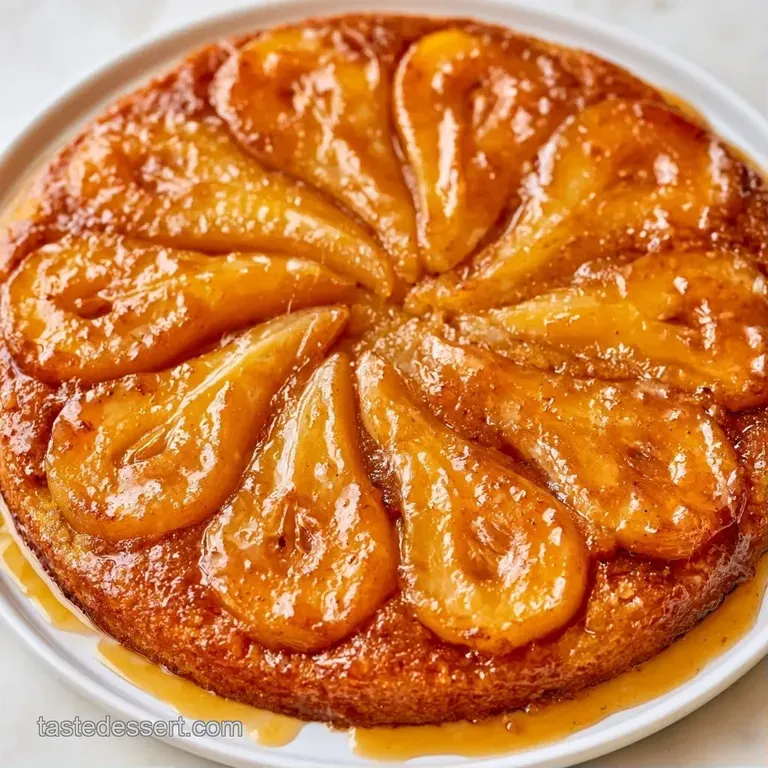 A slice of moist golden cake topped with a tender pear slice, served on a plate with a dollop of whipped cream.