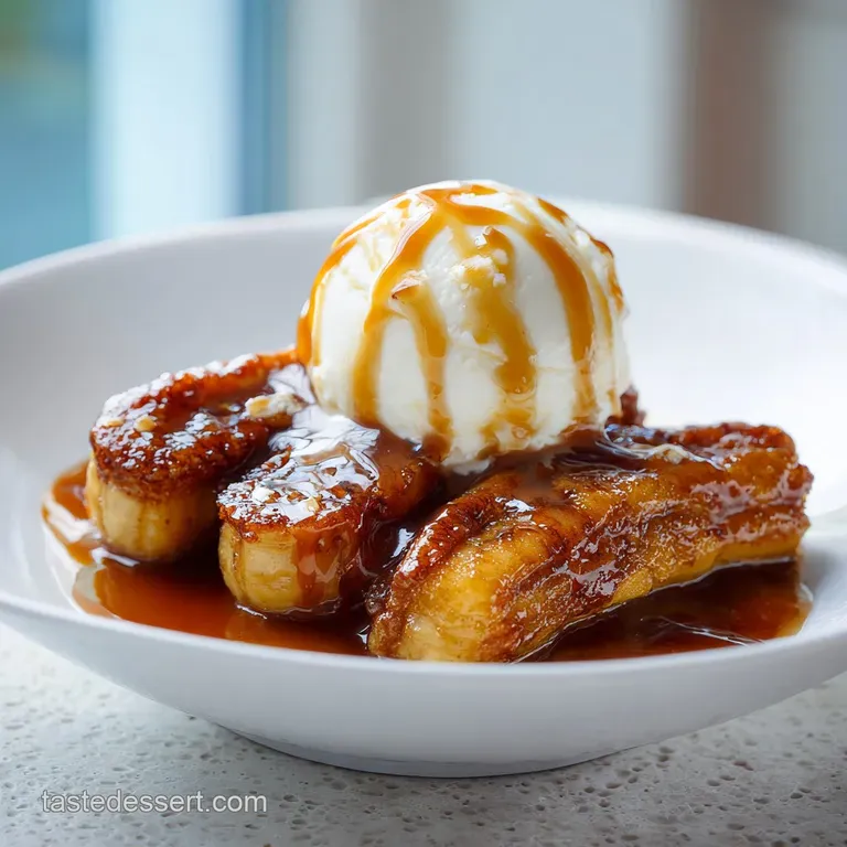 Bananas Foster flamb&eacute;ed tableside, a dramatic burst of blue flame illuminating caramelized fruit and a scoop of melting va...