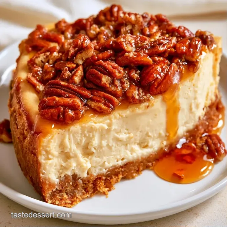 A slender slice of creamy cheesecake topped with amber pecans on a white plate with a drizzle of maple syrup.