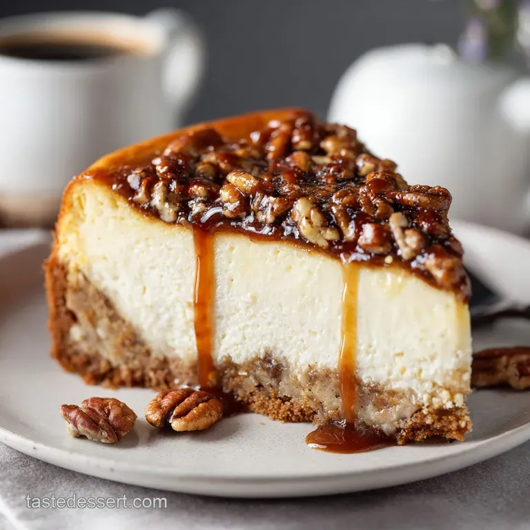 A slice of layered coffee cake reveals pecan, cheesecake, and cake layers, dusted with powdered sugar on a white plate. De...