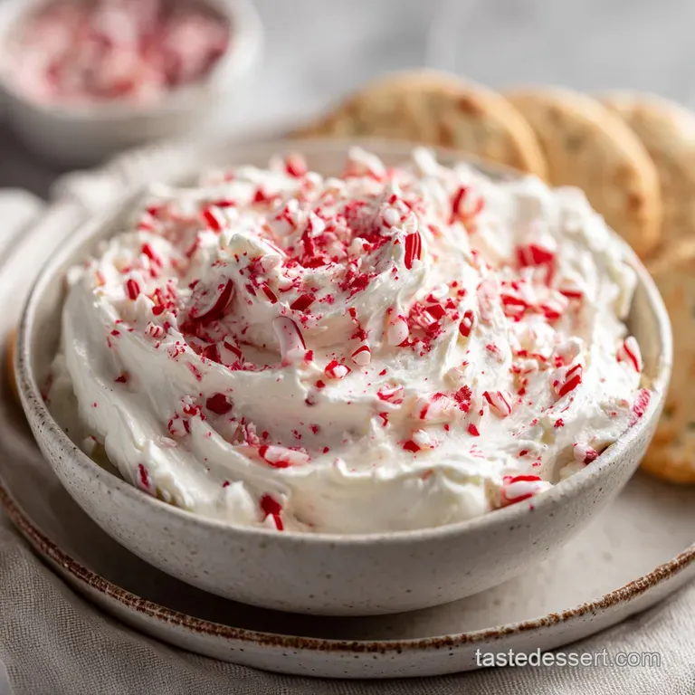 Festive peppermint bark dip artfully arranged with chocolate cookies and pretzel sticks for dipping, a colorful holiday tr...