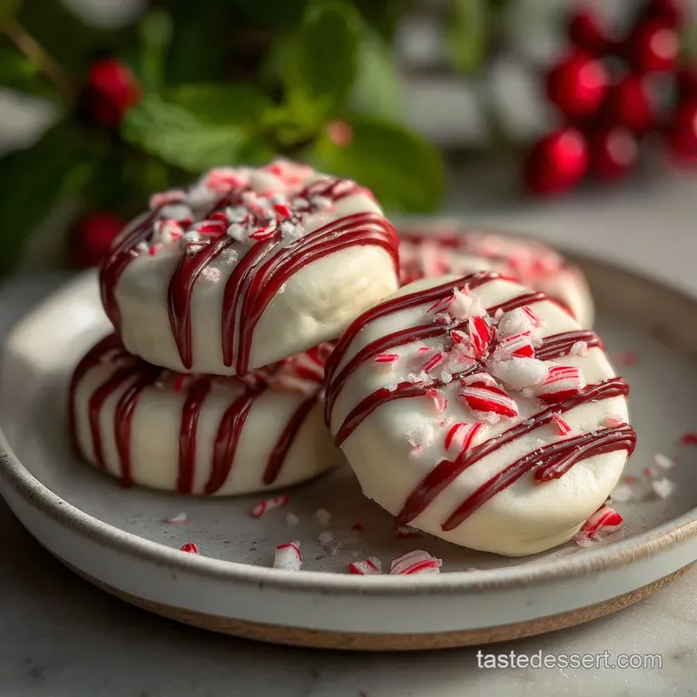 Three peppermint Oreo balls artfully stacked, showing the creamy white center and crunchy red candy cane coating on a dess...