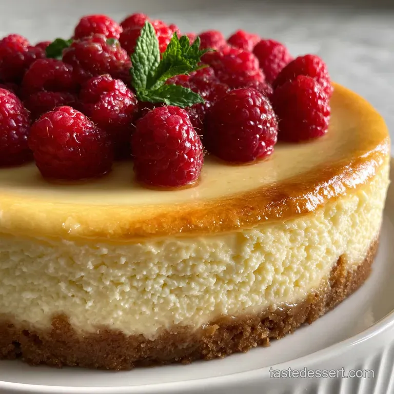 Slice of decadent cheesecake on a white plate. Smooth, ivory filling contrasts with the crumbly brown crust. Berry garnish...