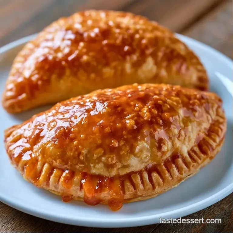 Two golden-brown pastry pockets on a white ceramic plate accented with fresh mint and sliced peaches.