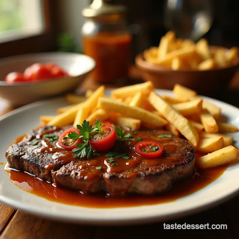 Peruvian Steak Fries with Tangy Red Onions Zesty Tomato Salsa presentation