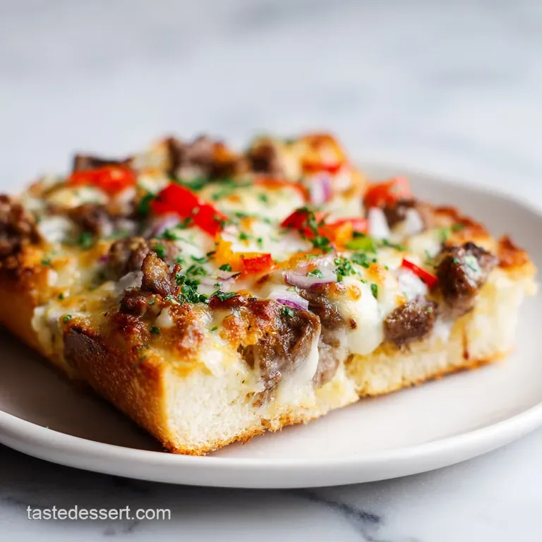 Close-up of sliced cheesy bread with juicy steak oozing melted cheese on a wooden serving board.