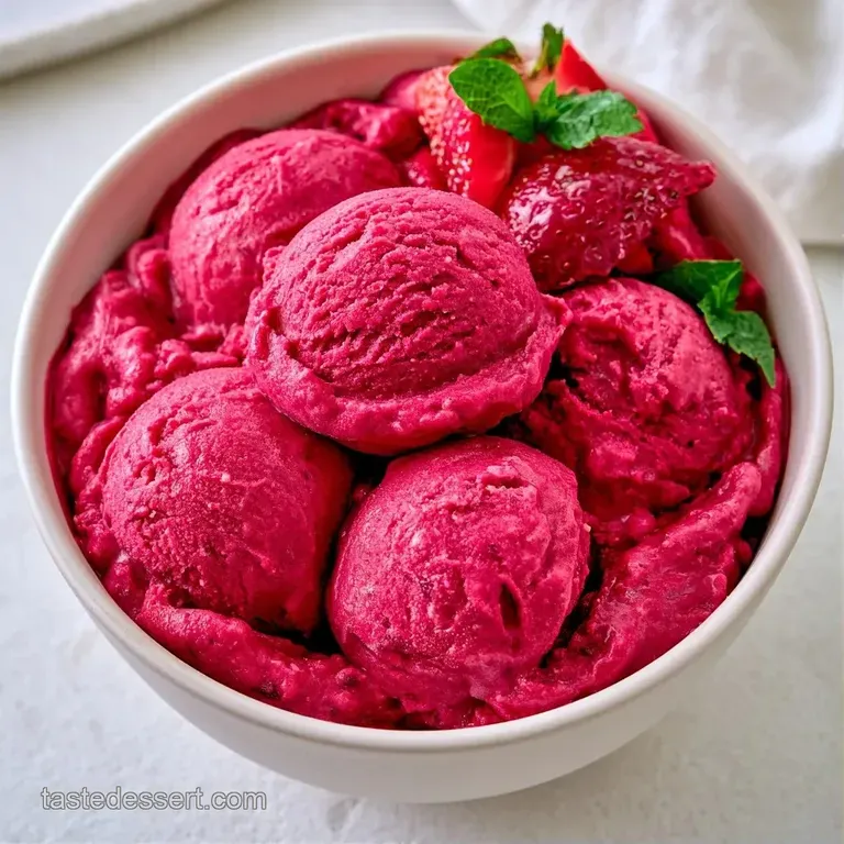 Two neat scoops of bright pink frozen dessert on a white plate, garnished with fresh mint and sliced cactus fruit.