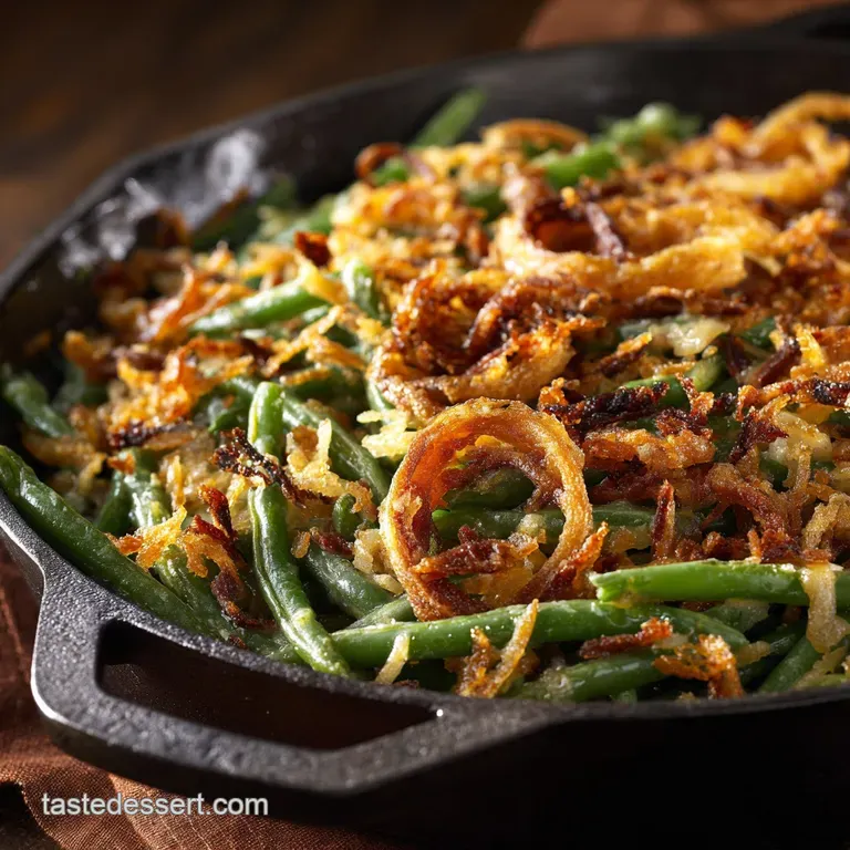 Green Bean Casserole Fresh Beans Silky Mushroom Sauce and Crispy Shallots presentation