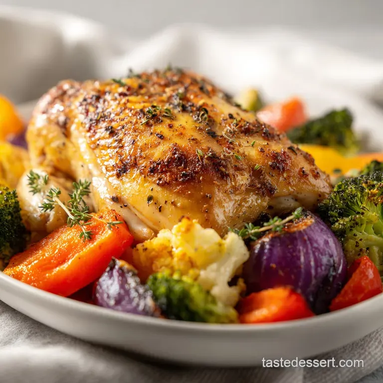 Elegant plate featuring tender chicken and roasted vegetables artfully arranged. Earthy tones, glistening oil, and a balan...