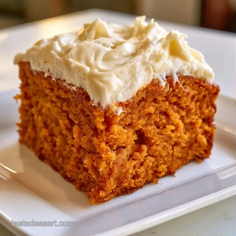 A slice of golden-orange cake on a marble platter, adorned with piped white frosting and a dusting of cinnamon