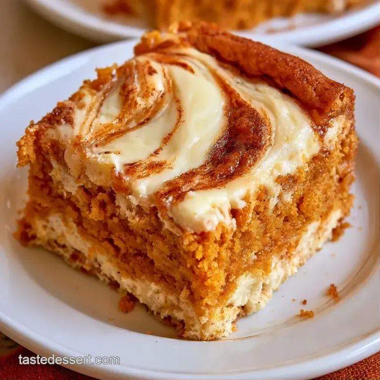 A neat square of orange and cream dessert on a white plate, garnished with a sprinkle of cinnamon and mint.
