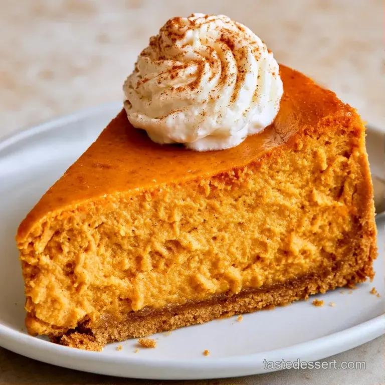 Elegant slice of orange-hued creamy cake on a white plate, dusted with cinnamon and paired with fresh berries.