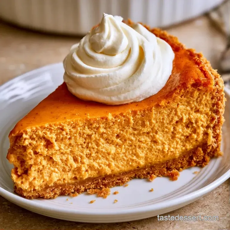 A slice of vivid orange cheesecake on a white ceramic plate, topped with a fluffy swirl of whipped cream.