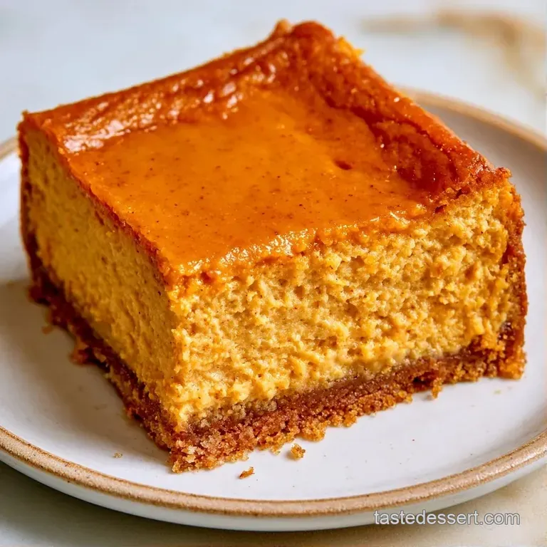 A single orange dessert square on a ceramic plate, drizzled with syrup and topped with a sprinkle of candied ginger.