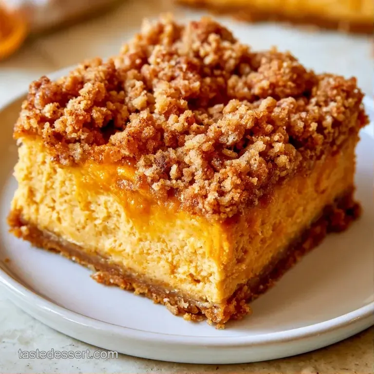 A neat square of orange-hued cake topped with buttery crumbs, served on a ceramic plate with a dusting of cinnamon.