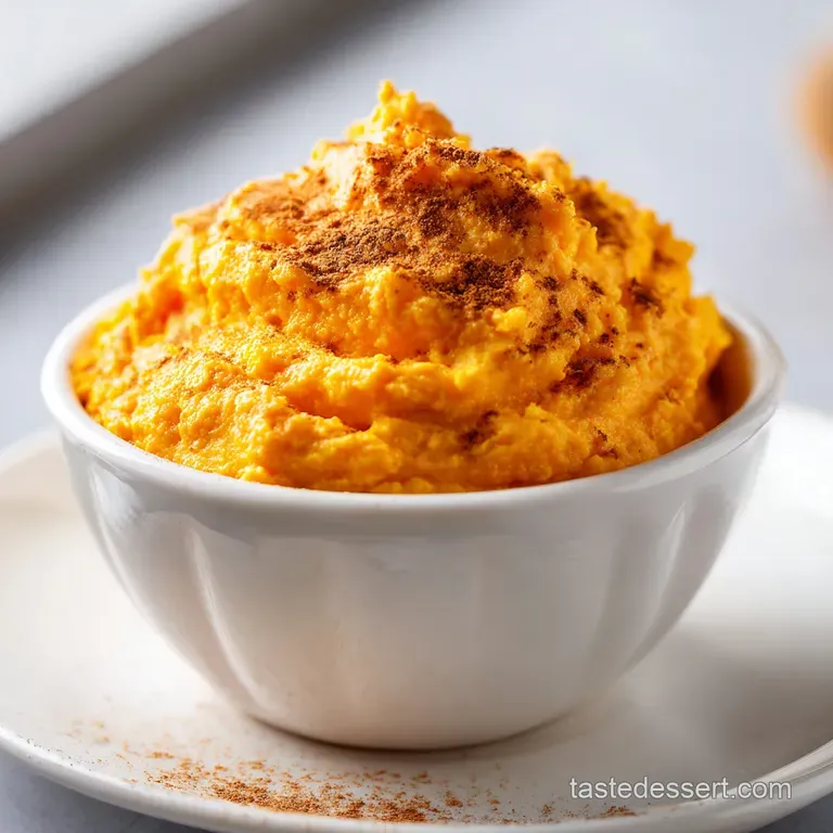 An elegant glass bowl of velvety orange dip, finished with a dusting of cinnamon and a fresh mint leaf garnish.