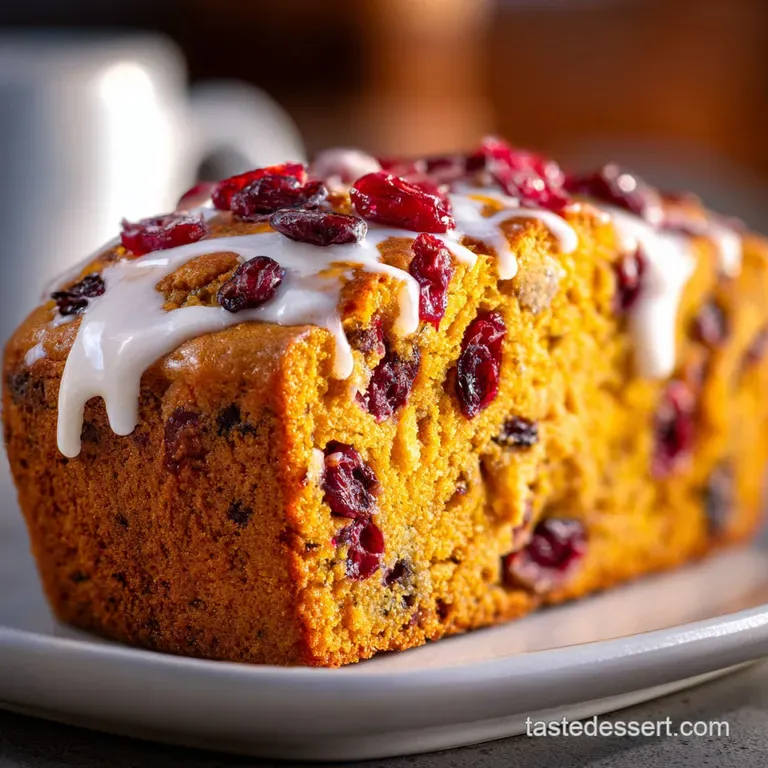 Slices of moist pumpkin cranberry bread, artfully stacked, dusted with powdered sugar. Berries glisten, a cozy autumn scene.