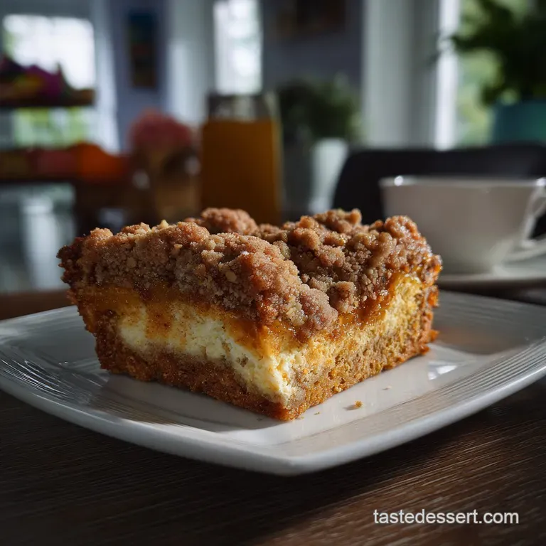 Slice of pumpkin coffee cake on a plate. Cream cheese filling peeks out. Lightly dusted with sugar; crumbly, tender edges ...