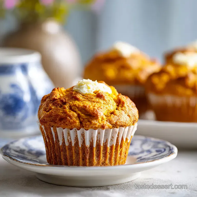 A trio of moist pumpkin muffins, each with a luscious cream cheese center, artfully arranged on a rustic plate.