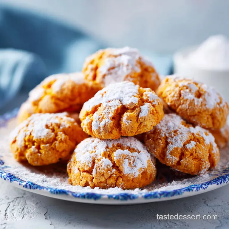A neat stack of soft orange cookies dusted in white sugar on a ceramic plate beside a steaming cup of coffee.