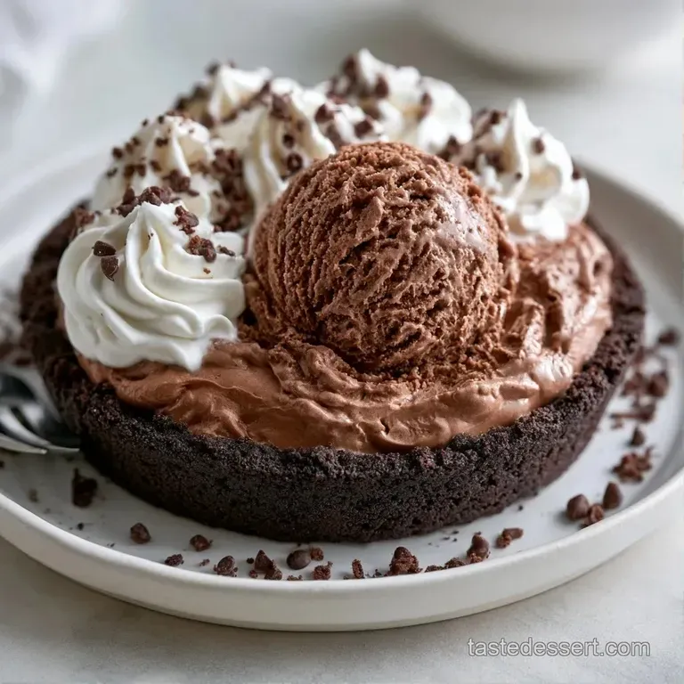 A neat slice of frozen cream pie on a white plate, topped with a dollop of whipped cream and a fresh mint leaf.