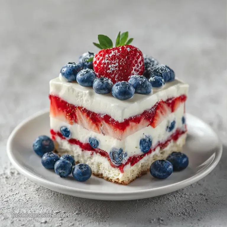 Rectangular cake on a white porcelain platter with precise rows of red berries and fluffy white cream frosting.