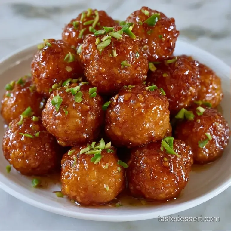 Three glossy amber dough balls in a ceramic dish, drizzled with honey-colored syrup and a sprinkle of green nuts.