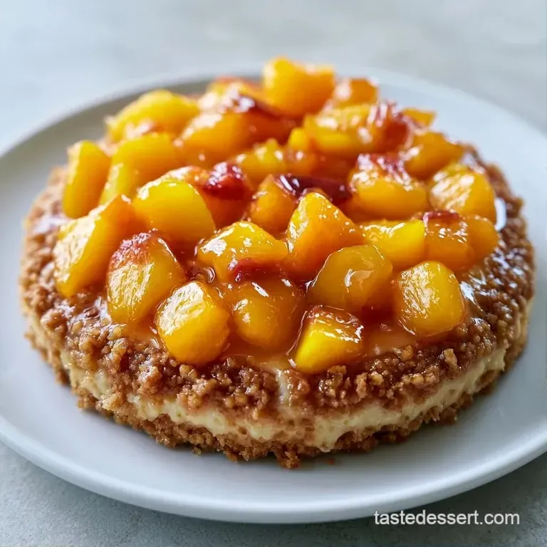 Elegant slice of peach tart on a white plate, topped with a swirl of thick cream and a fresh green mint leaf.