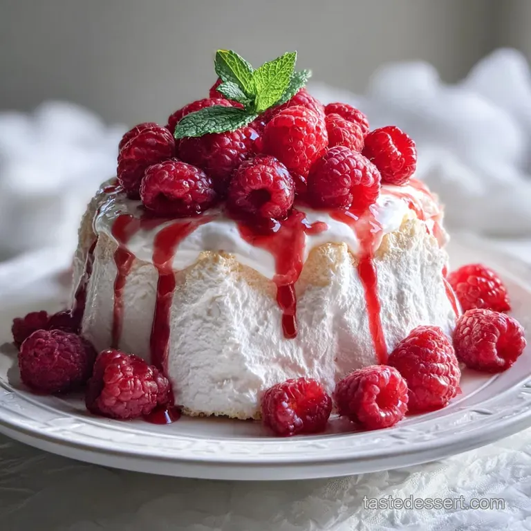 Elegant slice of white cake with bright red raspberries and a dusting of sugar on a white plate. Fresh, light, and inviting.