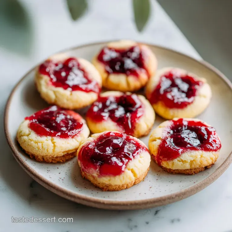 An artful stack of delicate thumbprint cookies, each crowned with ruby-red raspberry filling.