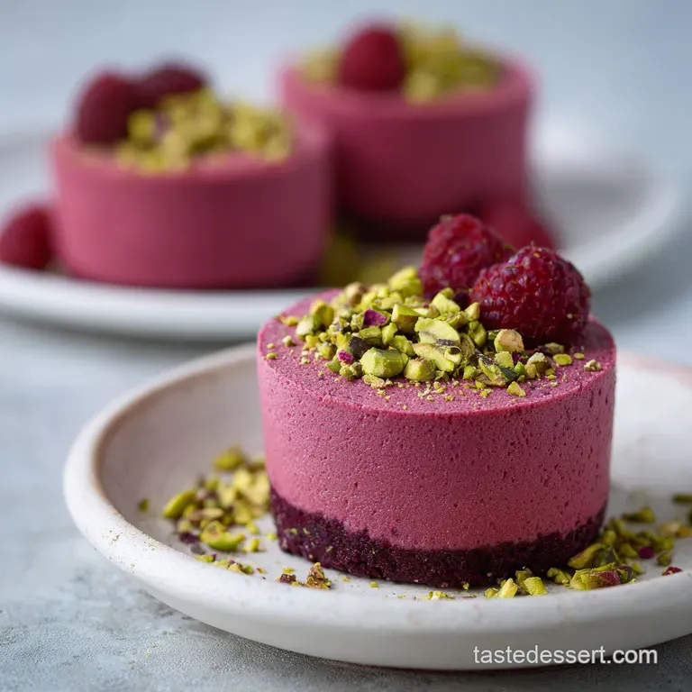 Elegant raspberry pistachio mousse cake plated with fresh raspberries, a pistachio crumble, and a dusting of powdered sugar.